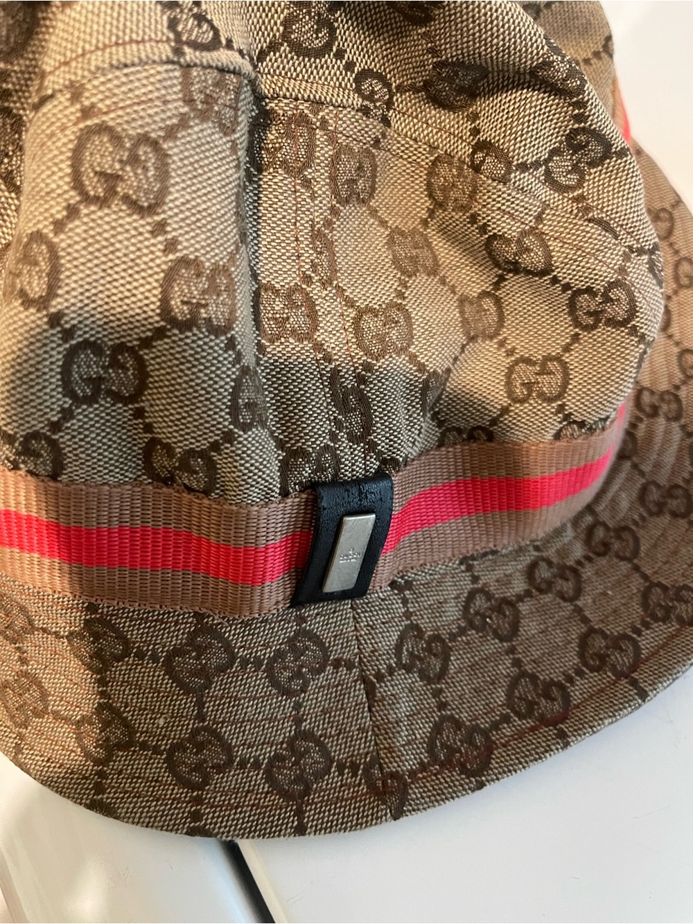 Gucci Brown Monogram Canvas Bucket Hat with Red Stripe